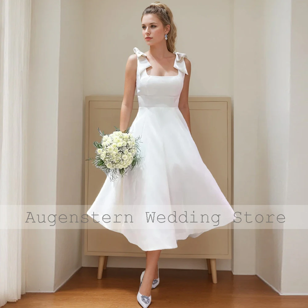 Elegant Midi Wedding Dresses Satin A-line Wedding Party Dress White Square Neck Bow Simple Bridal Gown 2024