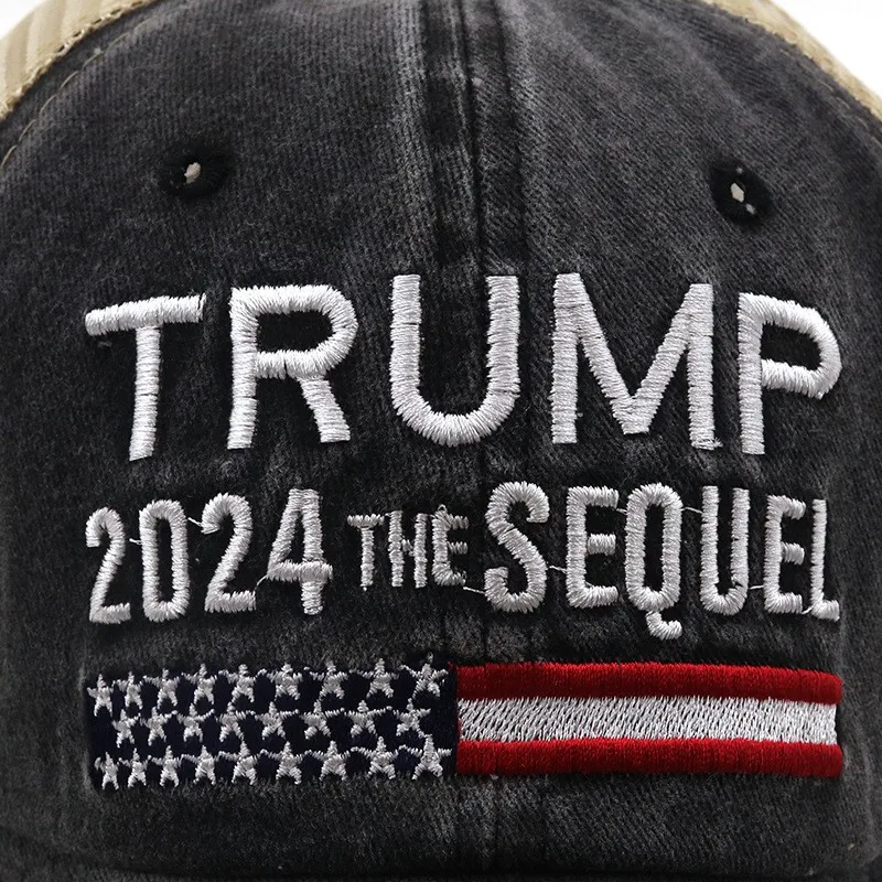 Produkty MAGA Republikańskie TRUMP 2024 THE SEQUEL Czapka Baseballowa z Flagą USA, Haftowana, Prana, Z Siatką, Regulowana Czapka Trucker