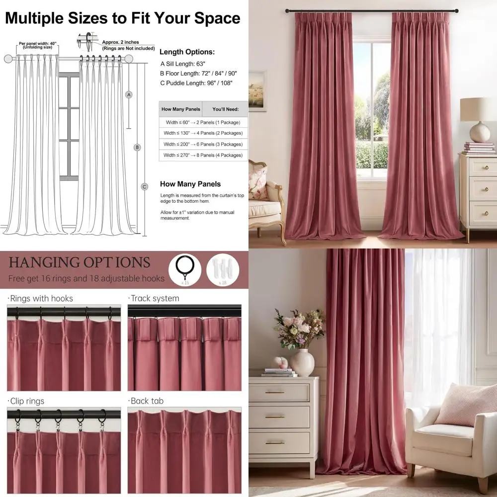 

Роскошные бархатные шторы Dusty Rose, длина 96, комплект из 2 панелей, стиль бохо, плиссированные, затемняющие и термофункции