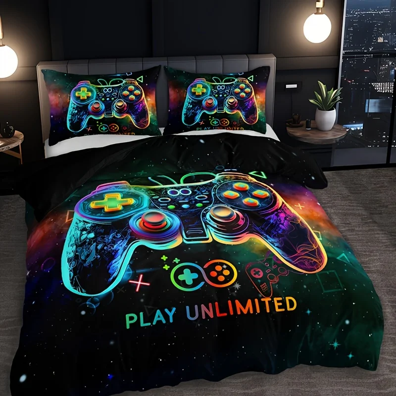 3Set of Cartoon Gamepad with Letters Printed Bedding - Including1One Quilt Cover and2Pillowcase，Breathable Polyester Fiber，Machi