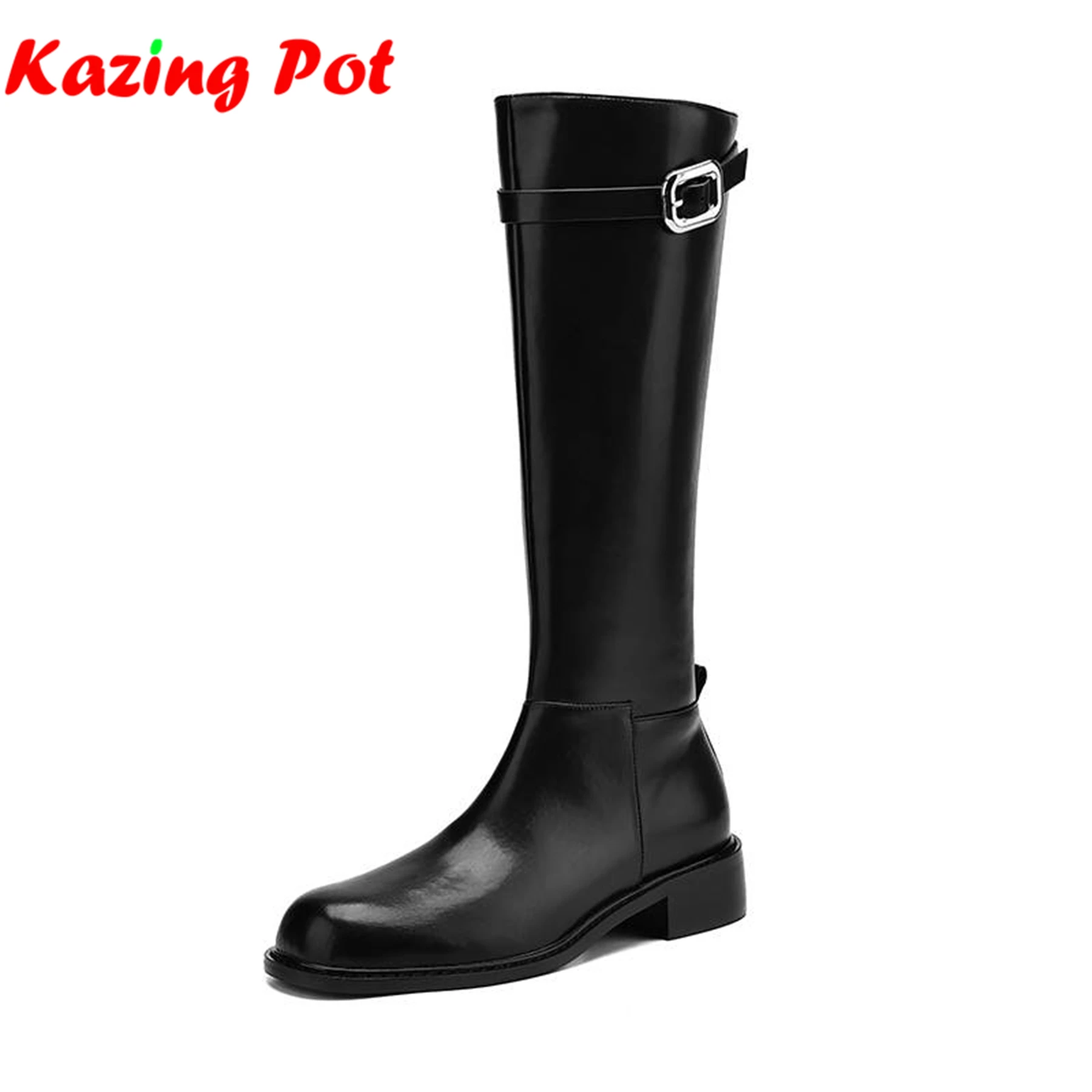 

Krazing Pot Cow Skin Thick Heels Riding Boots Retro Round Toe Thick Low Heels Winter Shoes Women Metal Buckle Thigh High Boots