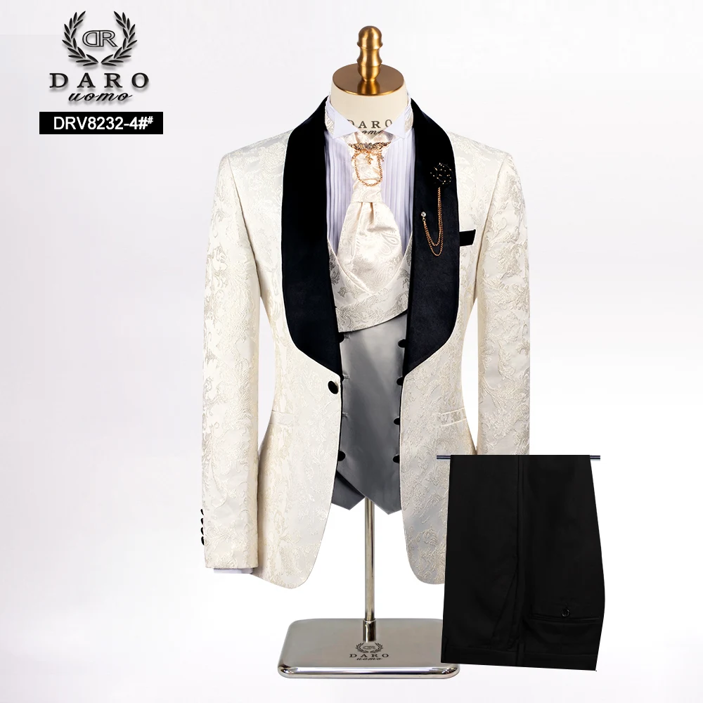 DARO2024 Floral Jacquard Wedding Suits for Men with Stand Collar Double Breasted Formal Groom Tuxedo Jacket Vest Pants 3 Piece