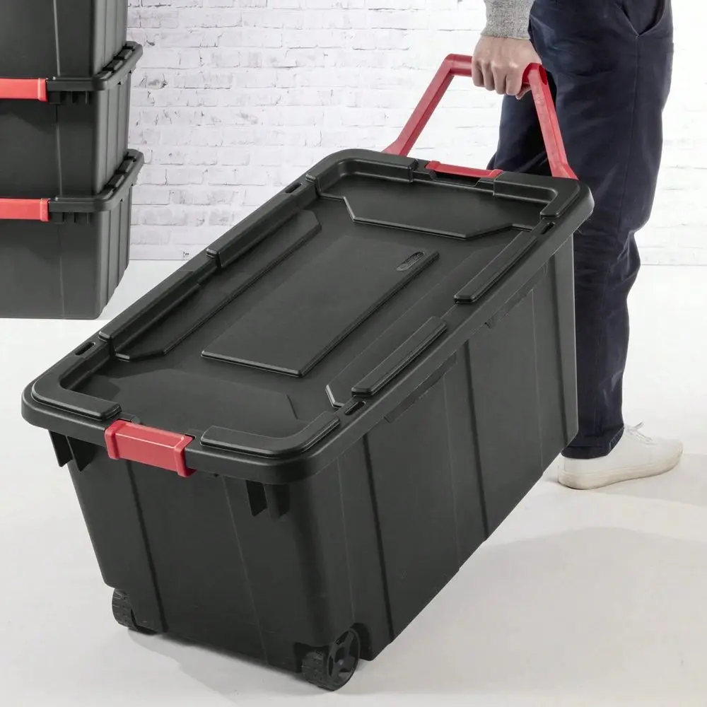 

Large Storage Bin, 40 Gallon Wheeled Plastic Storage Container With Handle, Black, Pack Of 2, Industrial