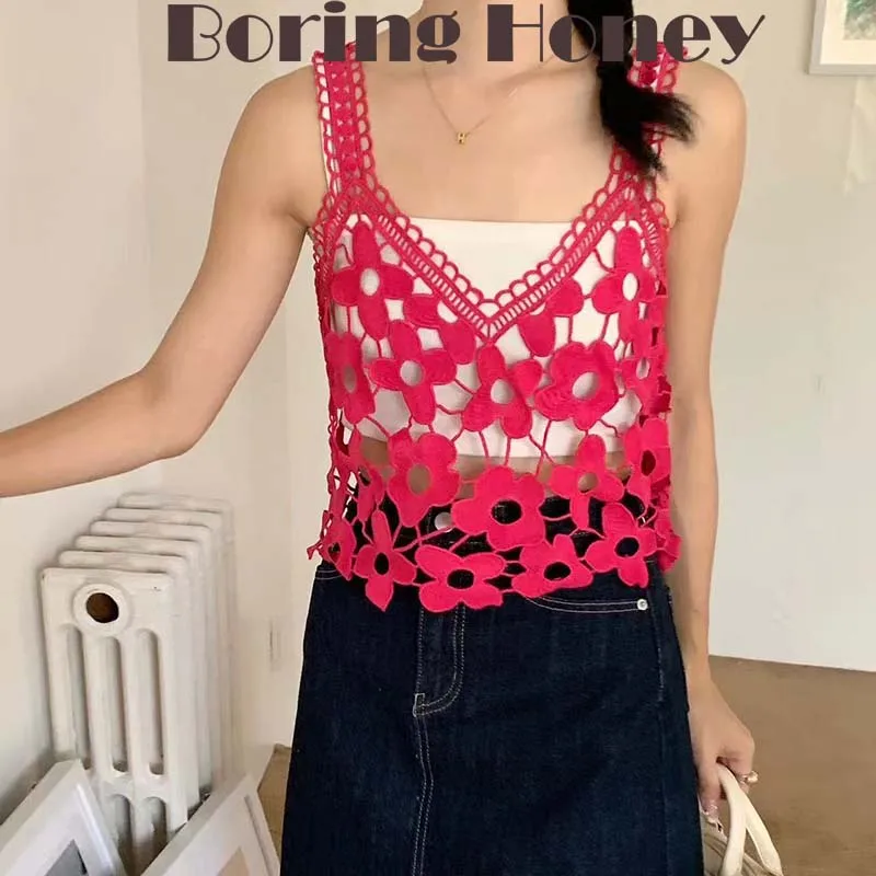 Boring Honey Summer New Fashion Loose Hollow Out Crop Vest Women Summer Spaghetti Strap Top Vintage Lace All-Match Thin Blouse