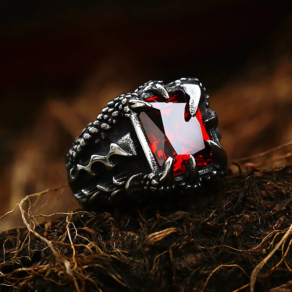 Punk Vintage Vikings Dragon Claw Ring 316L Stainless Steel Black Skull Claw Crystal Rings For Men Women Party Jewelry Wholesale