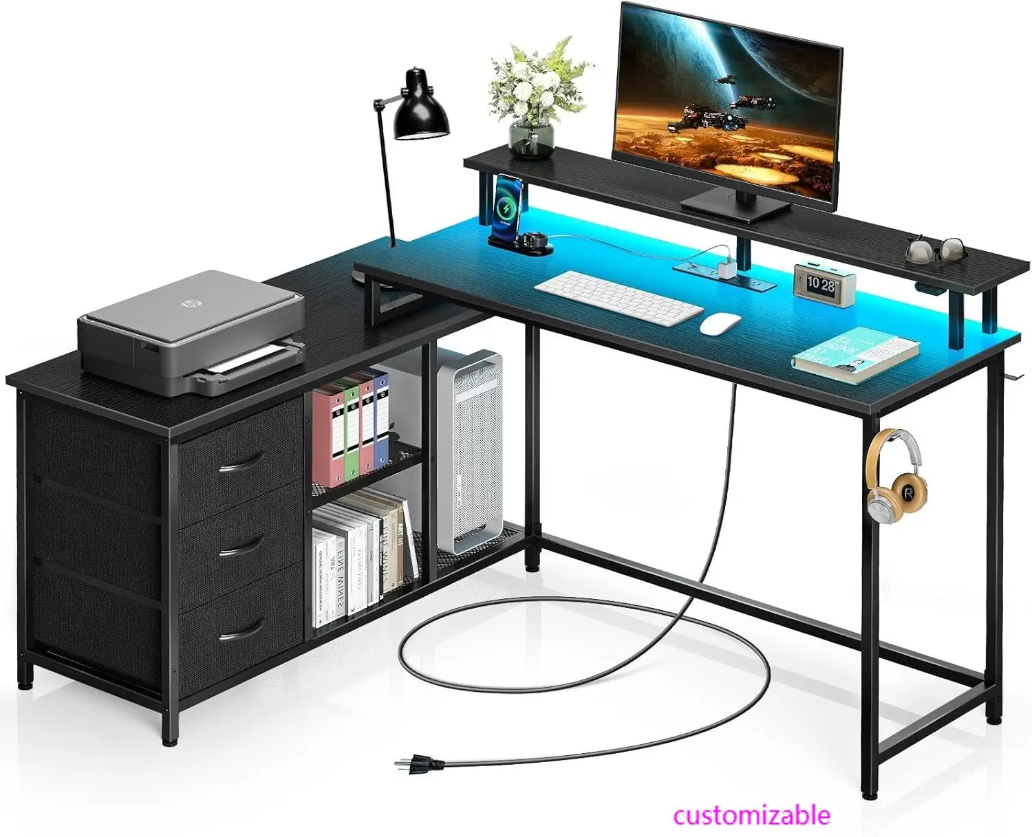 L Shaped Computer Desk with Drawers, Reversible Gaming Desk with LED Lights & Charging Port, Corner  Home Office Black