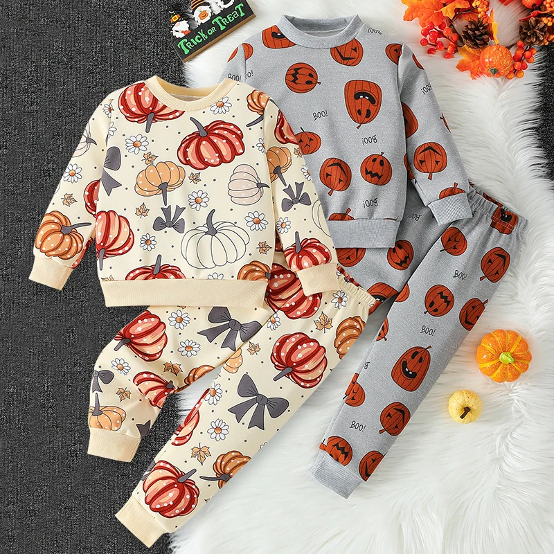 2-pcs Autumn/Winter Children's Halloween Long Sleeved Pants Set for Boys and Girls Casual Cute Pumpkin Hoodies Christmas Clothes