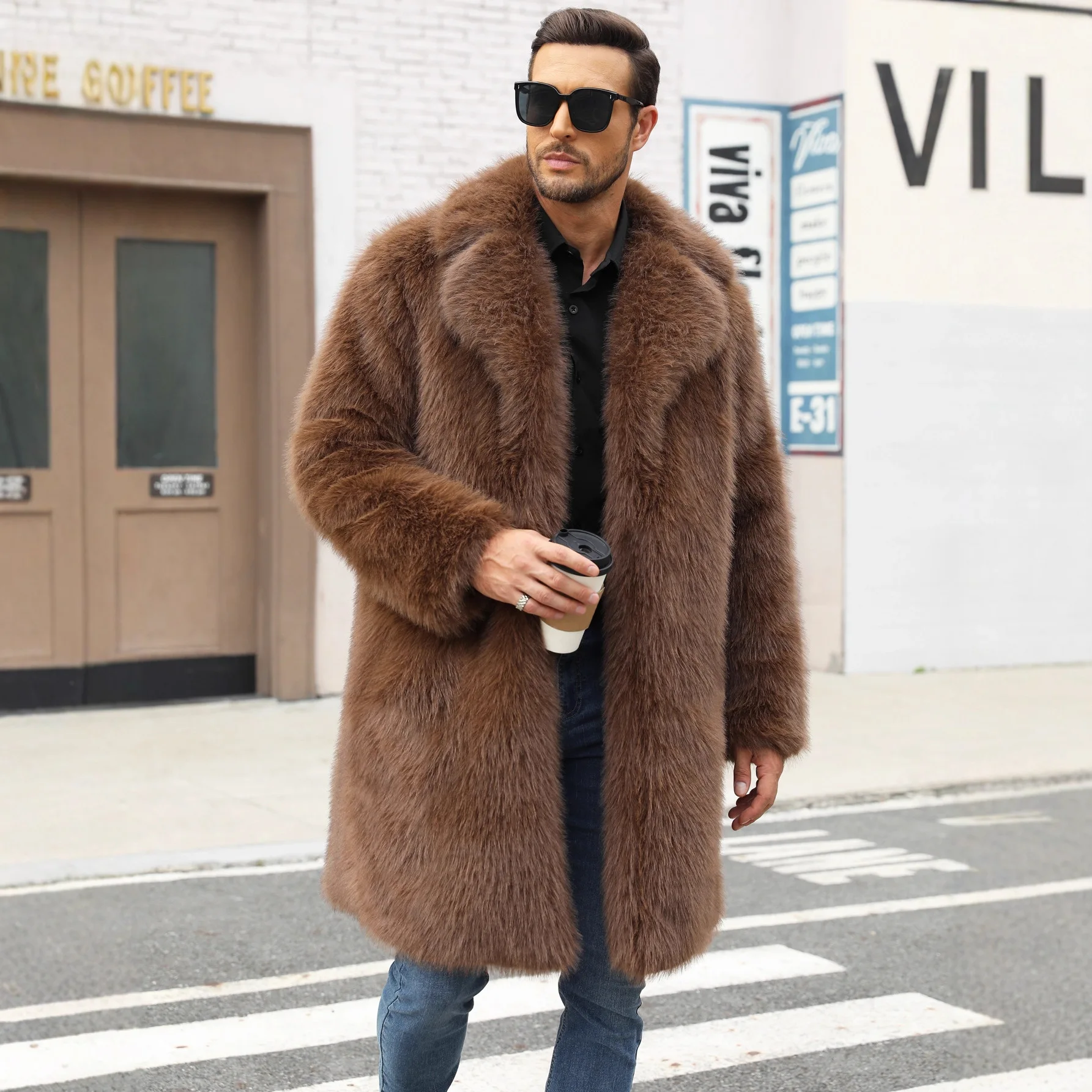 

Европейско-американские новые модные мужские коричневые однотонные отложные воротники с длинным рукавом, повседневные модные пальто из искусственного меха, мужская одежда