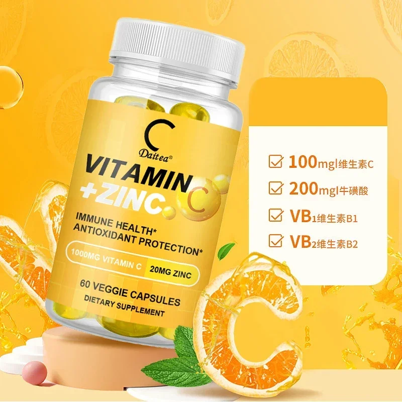 Organic Vitamin C 1000 mg and Zinc 20 mg Capsules Support Skin, Immune Health, Antioxidant Supplement - 60 Vegetable Capsules