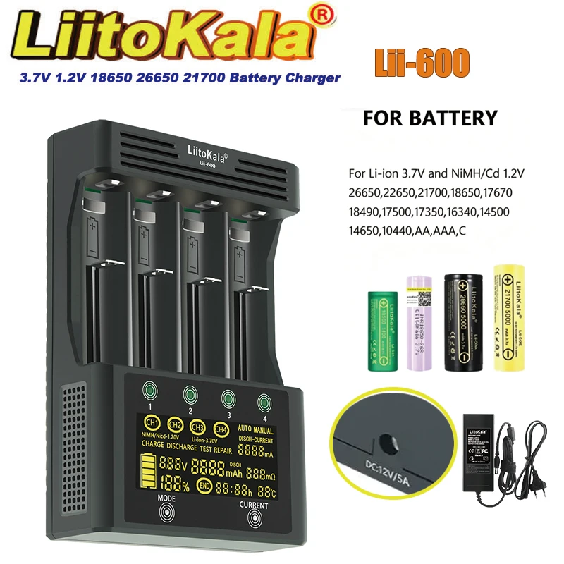 

LiitoKala Lii-600 LCD Battery Charger for 3.2V 3.7V 18650 21700 26650 26700 20700 18350 IMR NiMH/Cd 1.2V AA AAA High Capacity