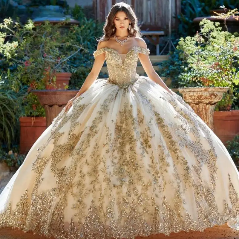 Champagne Quinceanera Dress Ball Gown Gold Lace Applique Beading Mexican Corset Sweet 16 Vestidos De XV 15 Anos