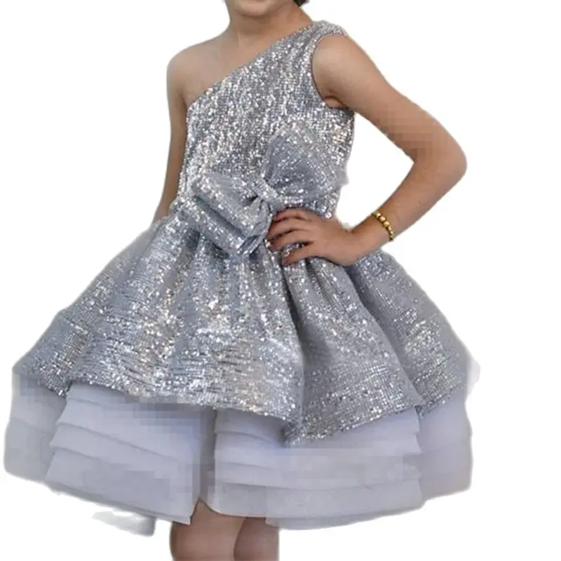 Silver Sequined Chiffon Flower Girl Dress Teen Girls Wedding Party Gowns Vestido De Festa Girls Princess Summer Wears