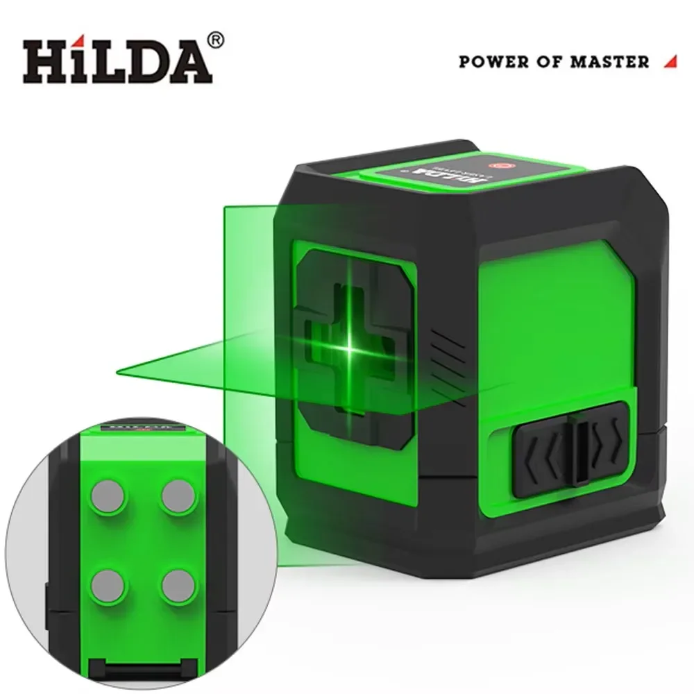 HILDA 2 Lines Laser Level Green Beam Self Levelling Back With Magnet Horizontal Vertical Cross Line