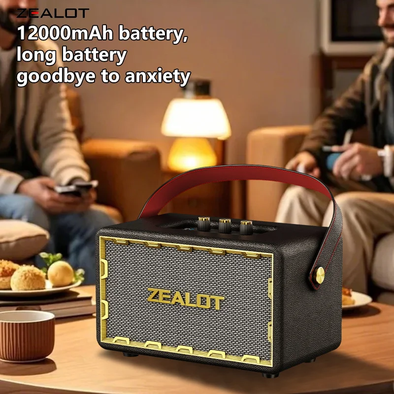 ZEALOT MT01 Altoparlante wireless portatile in legno da 60 W con 4 subwoofer, suono surround 3D per bassi di sovratensione, batteria a lunga durata 24000 mAh.