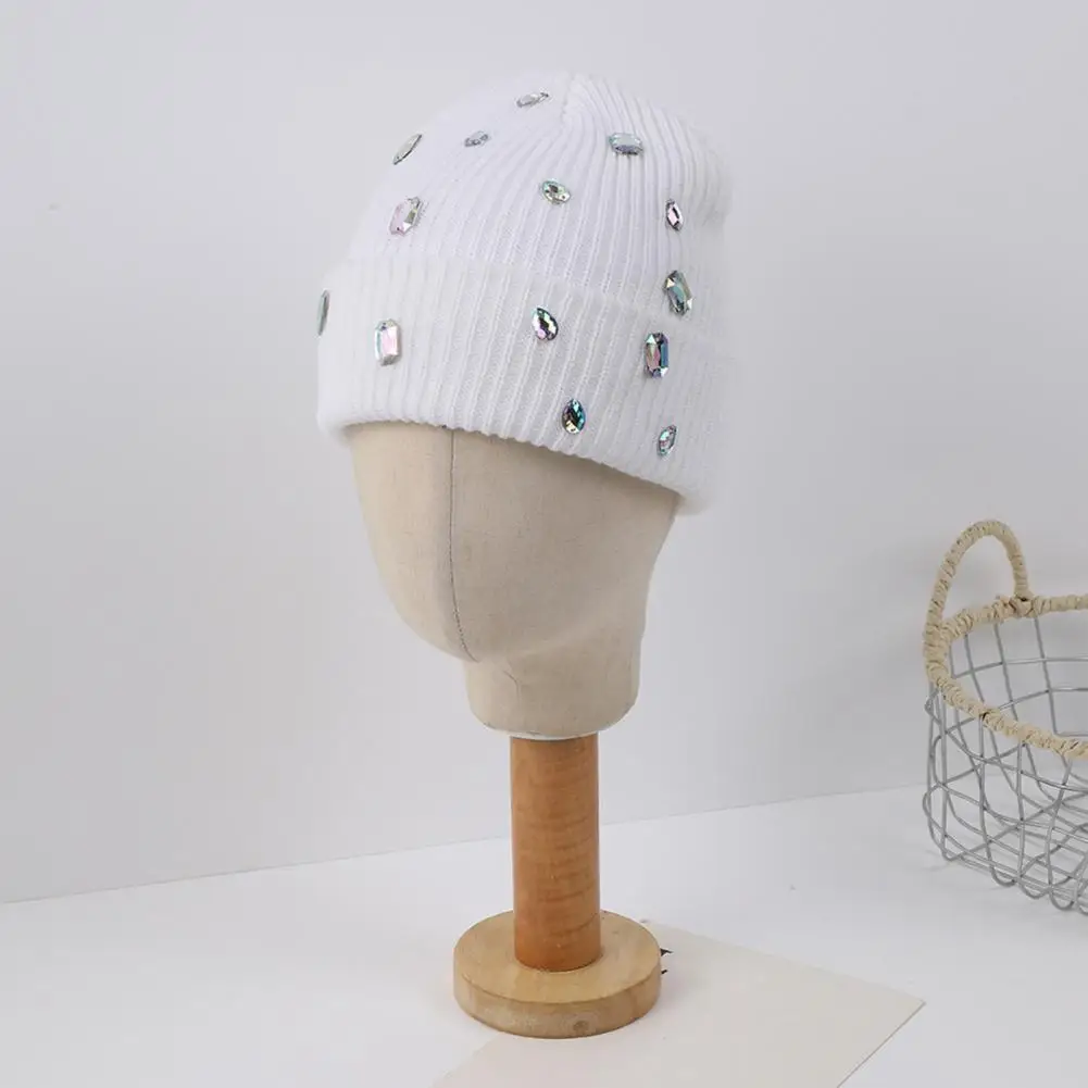 Winter Knitted Hat for Women Rhinestone Embellished Warm Cap Bling Rhinestone Knitted Hat Winter Warm Skull Cap Street for Women