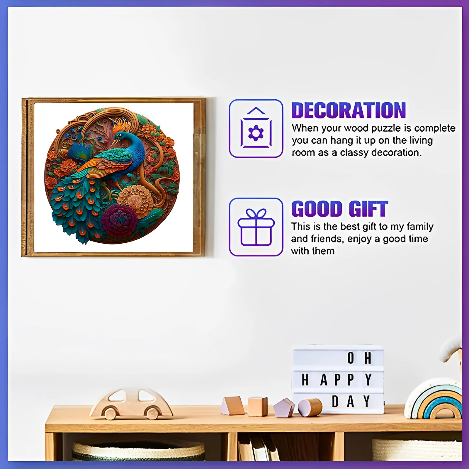 孔雀柄木製パズル、ユニークな形状の不規則な動物の形のパズル、ファミリーゲームギフト面白いと挑戦的な頭の体操