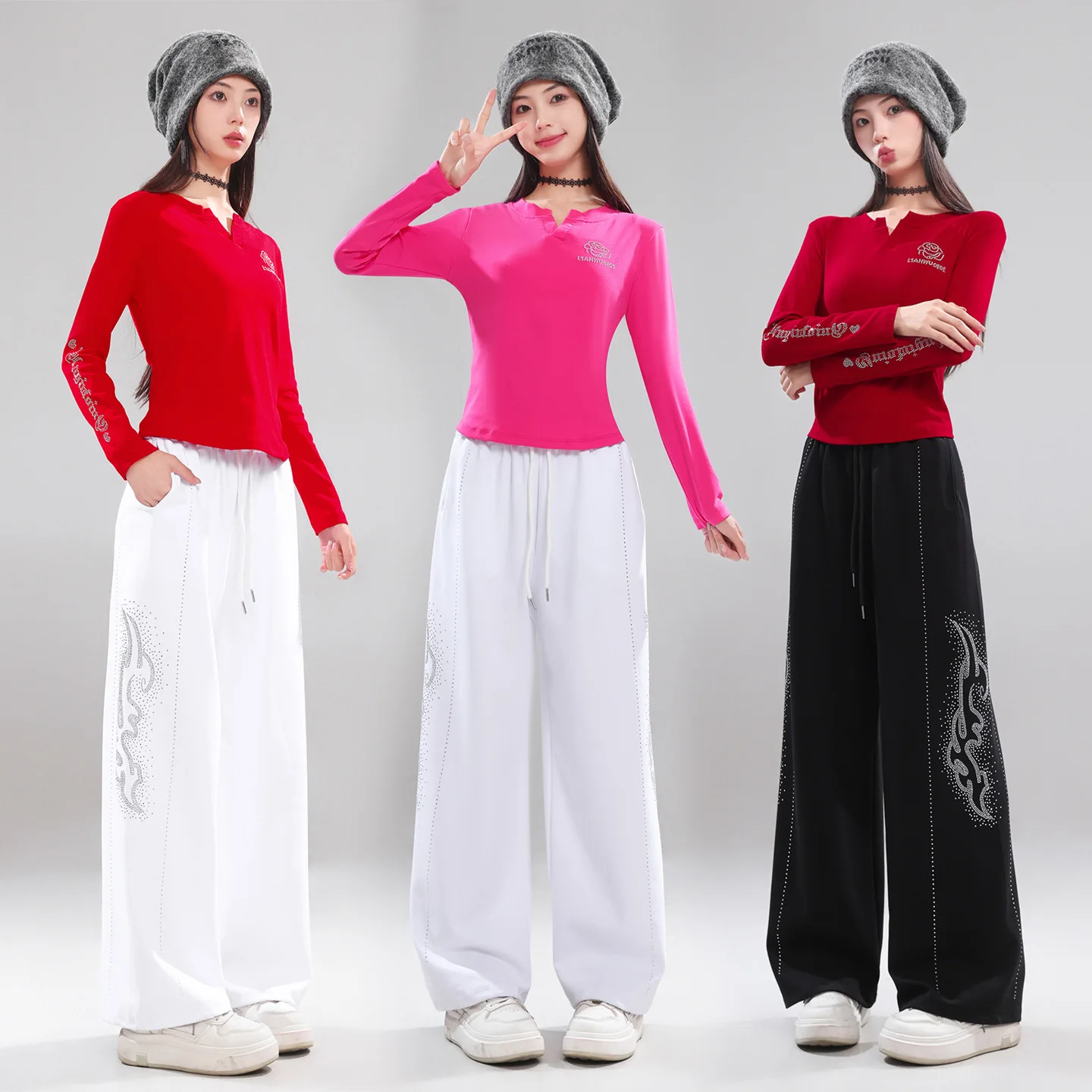 スクエアダンス衣装セット女性用長袖光沢のあるドリルビスコースワイドレッグパンツグループパフォーマンススポーツウェアツーピーススーツ