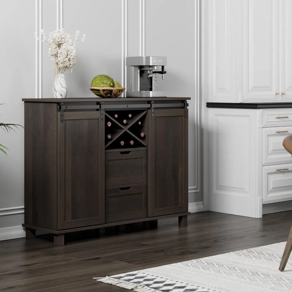 Aparador Buffet Farmhouse, Bar Cabinet with Storage,Wine Cabinet with Sliding Barn Doors,Accent Storage, Dark Brown