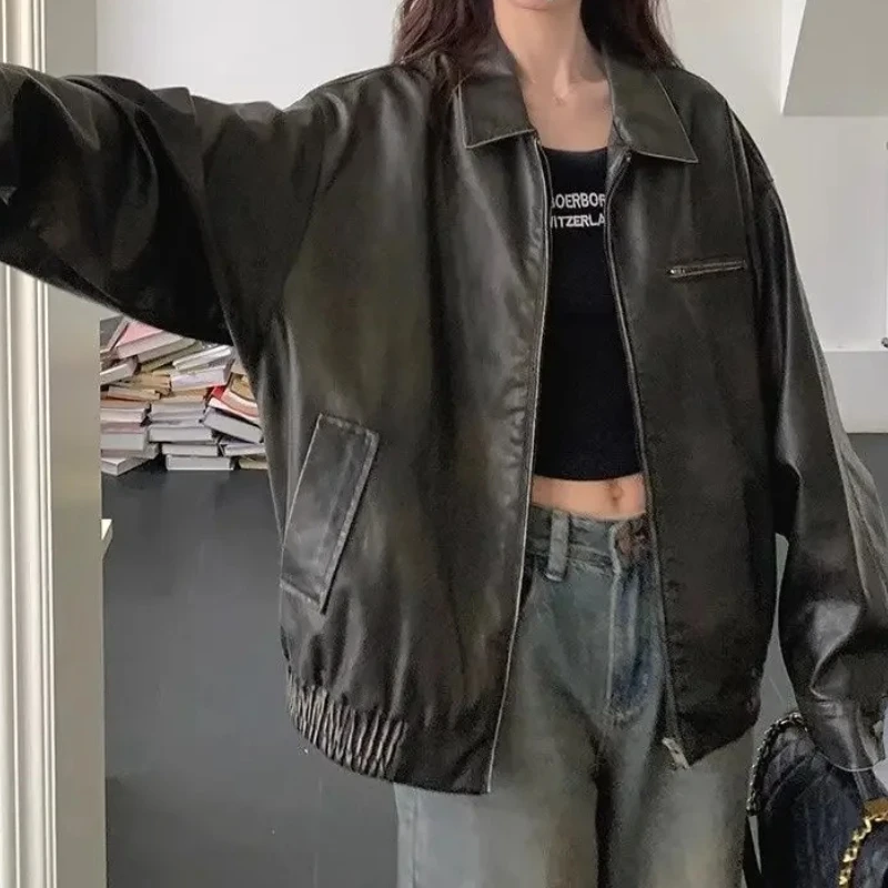 New Year's Popular American Retro Black Leather Jacket Female 2025 New Explosion Motorcycle Jacket Top