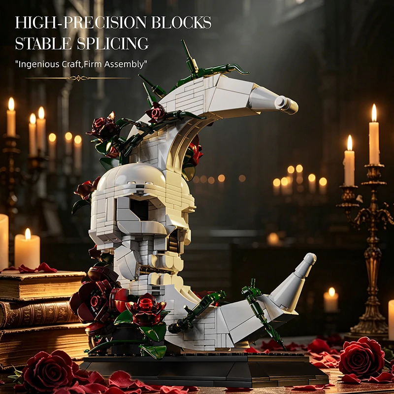 Gotischer Stil Montagemodell, Dunkelromantischer Totenkopf und Mond Baustein-Ornament, Verflochtene Rote Rosen, Überraschungsgeschenk für Ihren Partner, Dunkler Kunststil