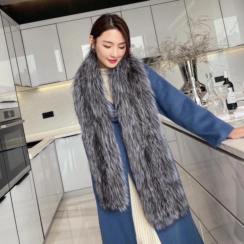 2024 Fashion Brand Female Real Fox Fur Scarf Winter Women Warm Fluffy Natural Fox Fur Scarves Lady Knit Fur Long Style Mufflers