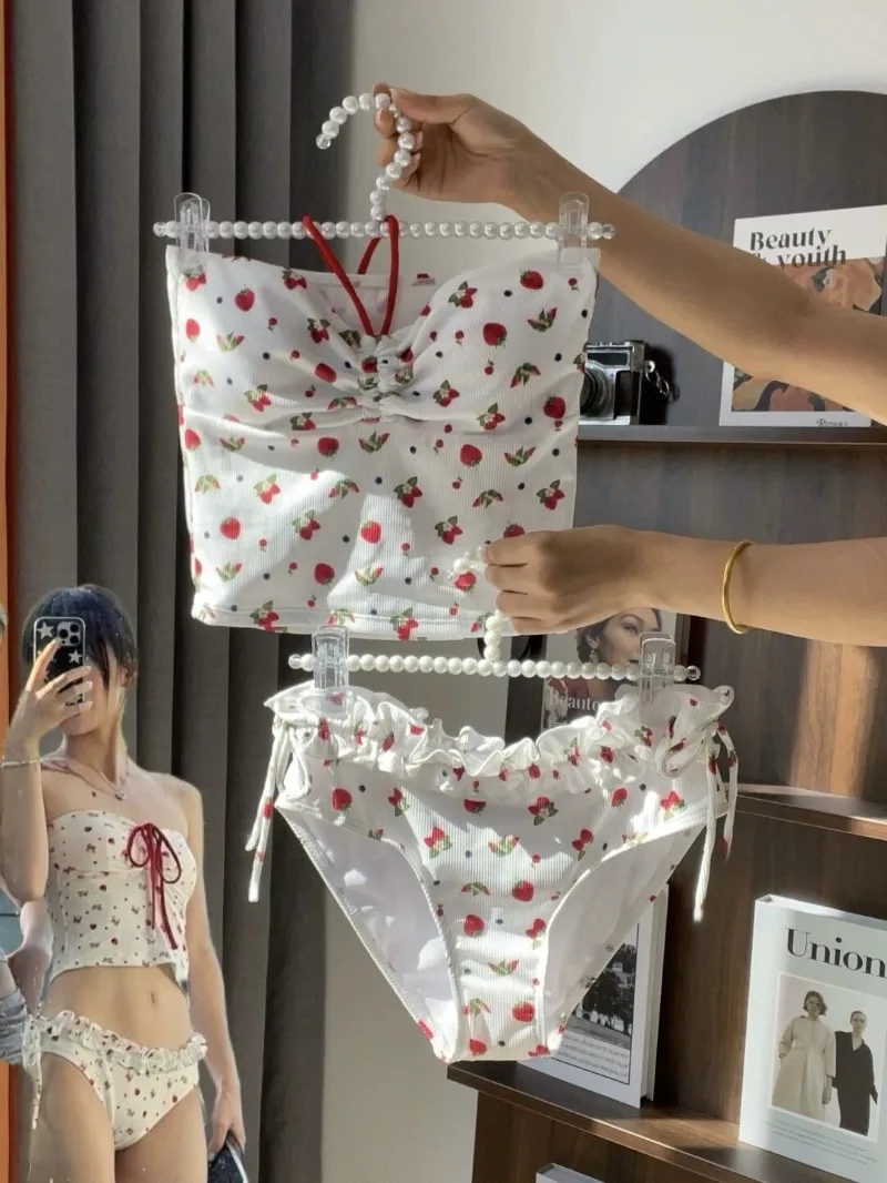 women's vacation bikini suspender print small chest gathered pure desire to play in water swimsuit covers belly looks slim sweet - view 5