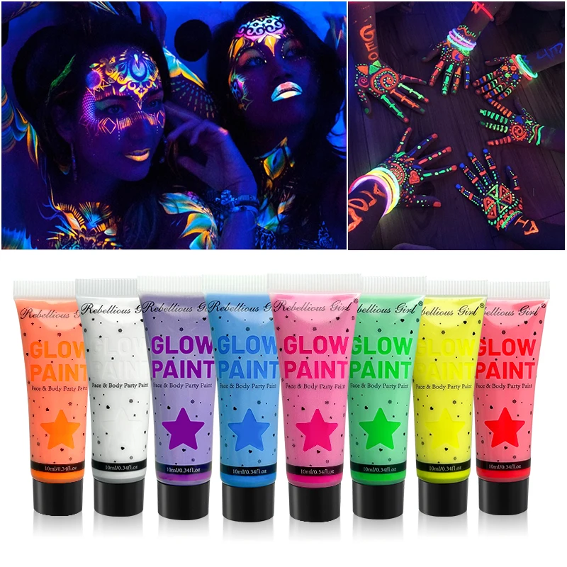 10ml Fluorescent Body Paint Glow in Dark - UV Neon Face & Body Paint for Parties, Halloween, Cosplay - Safe & Washable