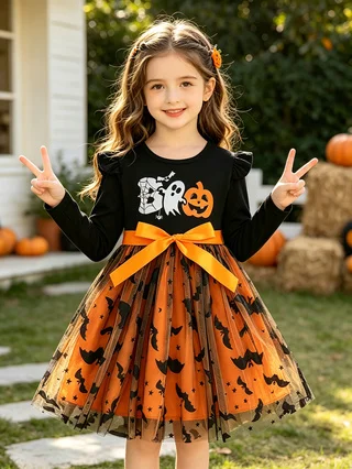 Halloween-Kleid für Mädchen mit langen Ärmeln, Geister- und Kürbis-Print mit Schleife, Fledermaus-Tüllrock, Kinder-Partykostüm – Detail 1