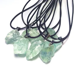 Natural Irregular Raw Ore Fluorite Green Crystal Pendant Energy Stone Charms with Free Rope Chain Necklace Healing Gift