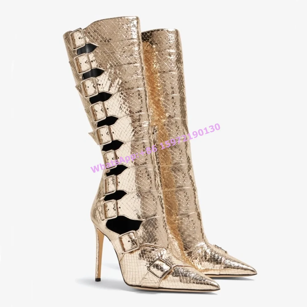 Snakeskin Hollow Buckle Boots Pointy Toe Thin Heels Side Zipper Sewing Luxury Runway Knee High Sandals Spring Fall Fashion Shoes