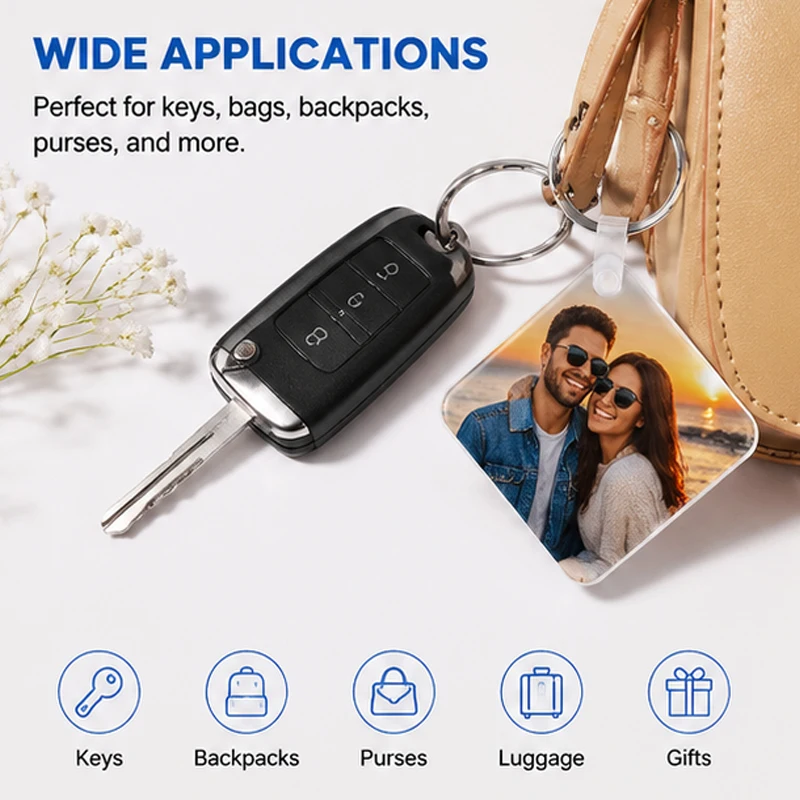 10Pcs Square Sublimation Acrylic Blank Keychain Kit with Keyrings Tabs, Bonus 2 Extra Clips DIY Heat Transfer Craft