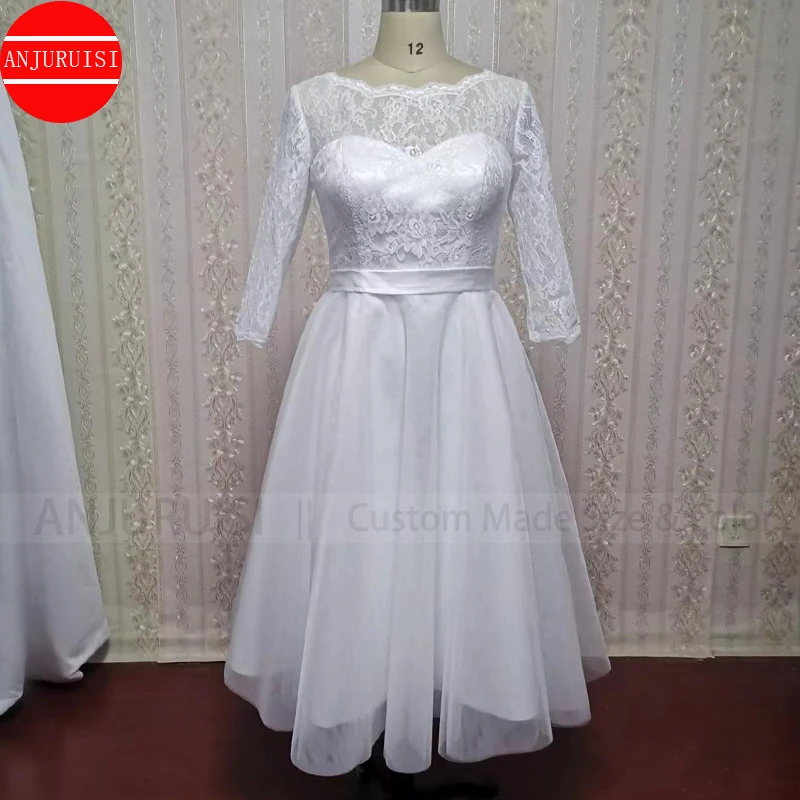 Drei Viertel Ärmeln Hochzeit Kleid Kurze Vestidos De Novia Frankreich Spitze Suknia Ślubna Mid-Kalb Länge Robe Mariage Trouwjurk