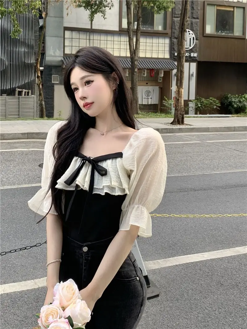 Crop Blouses Women Ruffles Chic Sweet Vintage French Style Short-sleeve Aesthetic Halter Hot Summer Leisure Fashion Patchwork