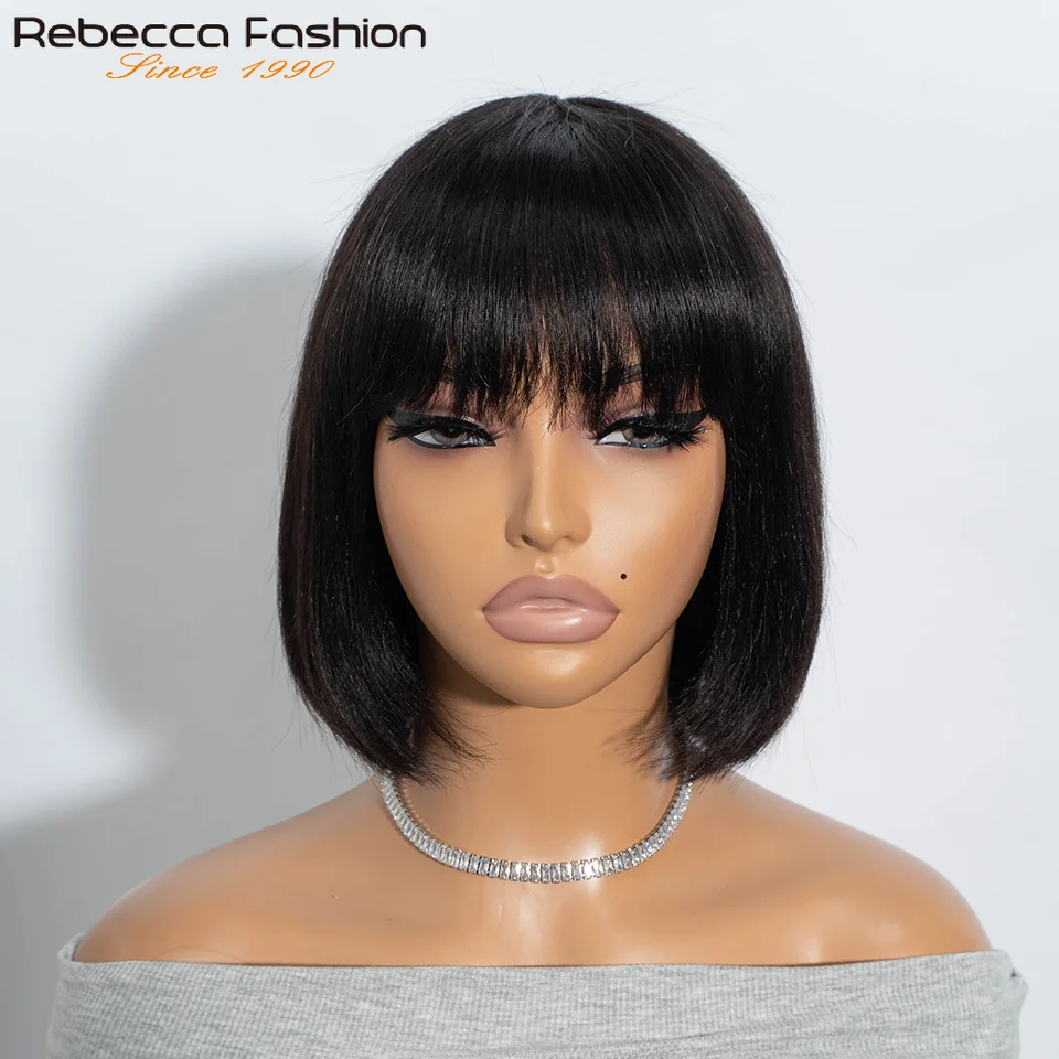 

Pixie Short Cut Straight Hair Wigs With Bangs Brazilian Straight Human Hair Bob Wigs Full Machine Made #1B P4/30 Ship From US