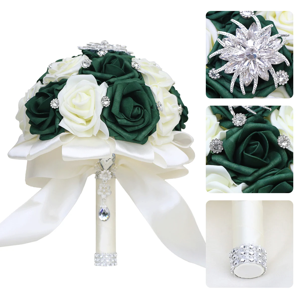 Bouquet de demoiselles d'honneur avec biscuits argentés, bouquet de mariage à la main, bouquet de simulation de ruban de rose vert foncé, lait PE, PE821