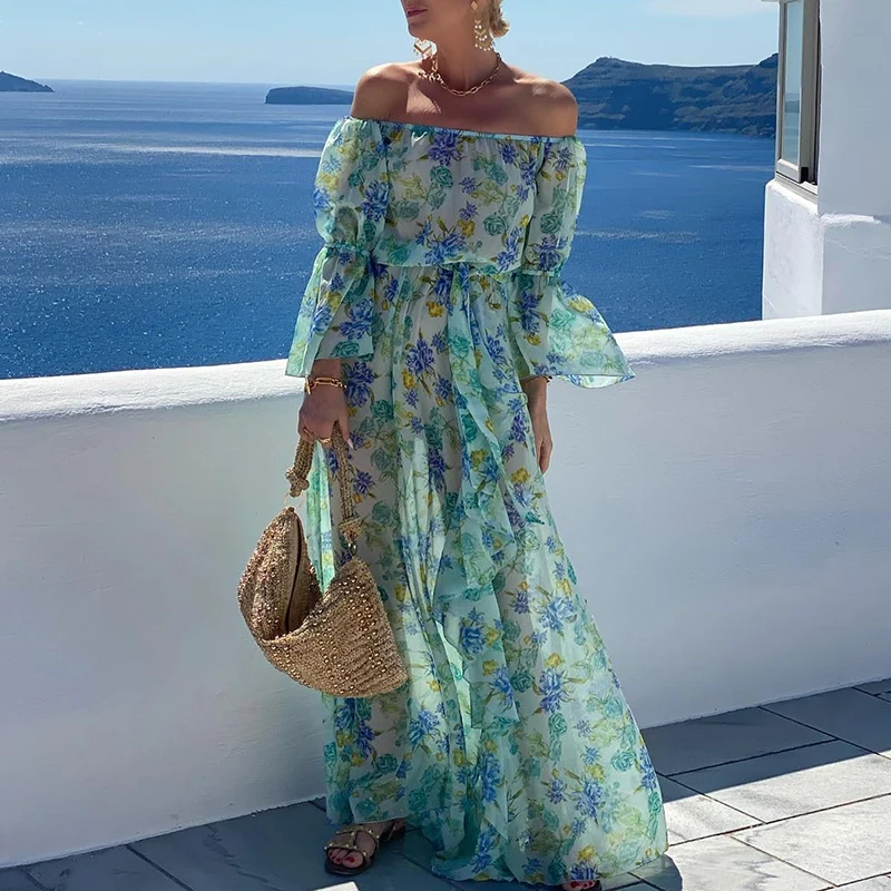 

Holiday Beach Floral Print A-Line Long Dress Women Spring Off Shoulder Backless Party Dress Summer Ruffle Hollow Belt Maxi Dress