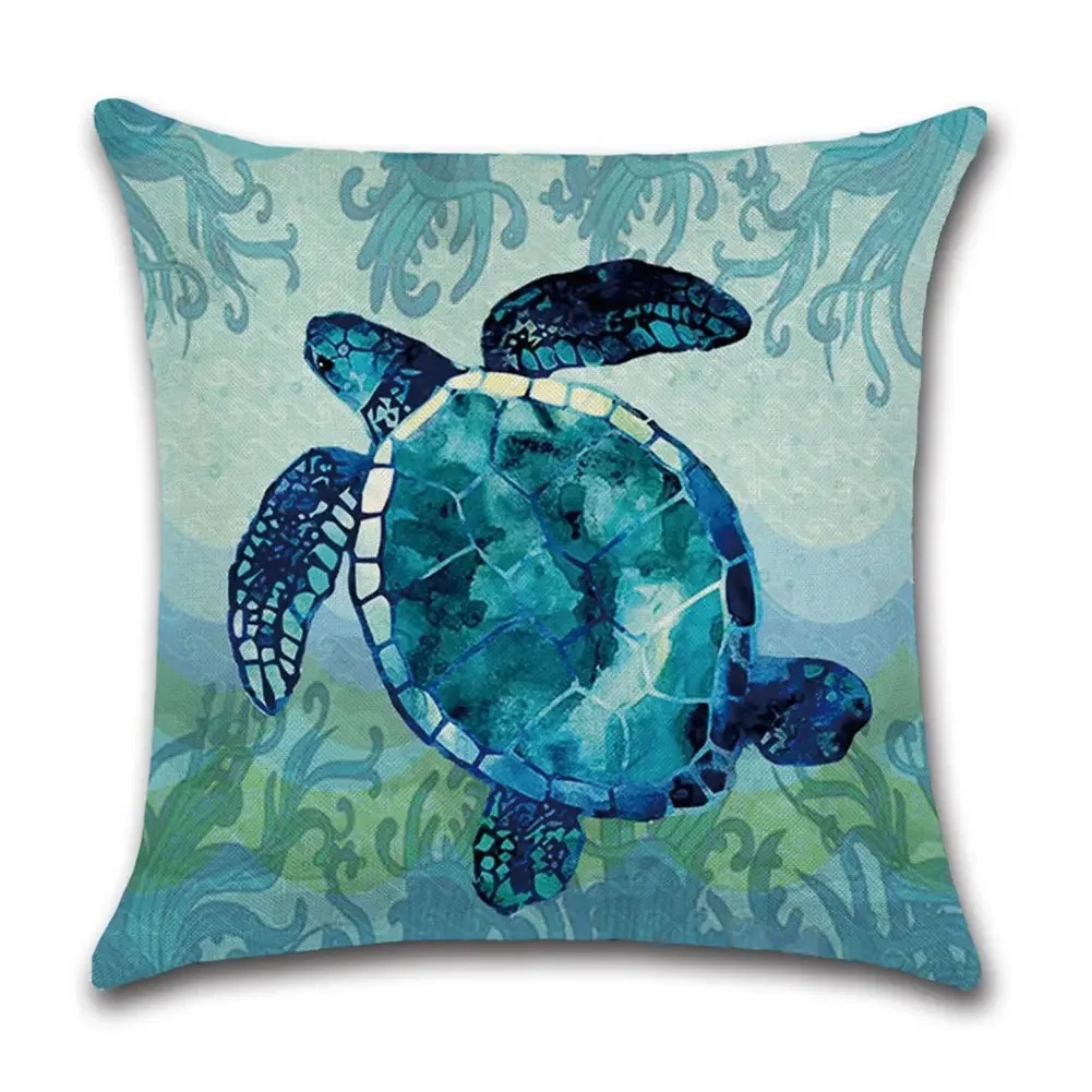 Blue jellyfish seahorse sea turtle sea star linen pillowcase sofa cushion cover home decoration can be customized for you 40x40