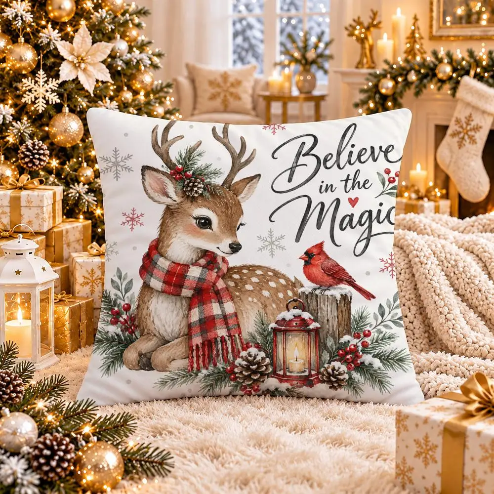 4PC Red Truck Farmhouse Christmas Cushion Cover Soft Double-Sided Print Pillow Case Home Decor for Sofa Bed Bedroom Room Gift 2
