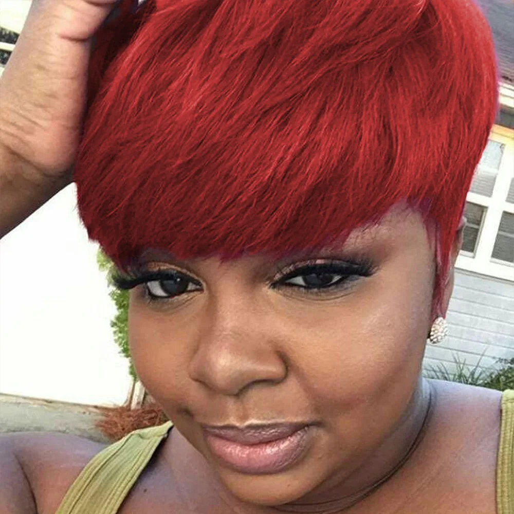 باروكات شعر بشري قصيرة بقص عابث، طبقات مجعدة مع غرة، شعر برازيلي أحمر اللون، شعر مستعار قصير مصنوع آليًا بالكامل للنساء #4
