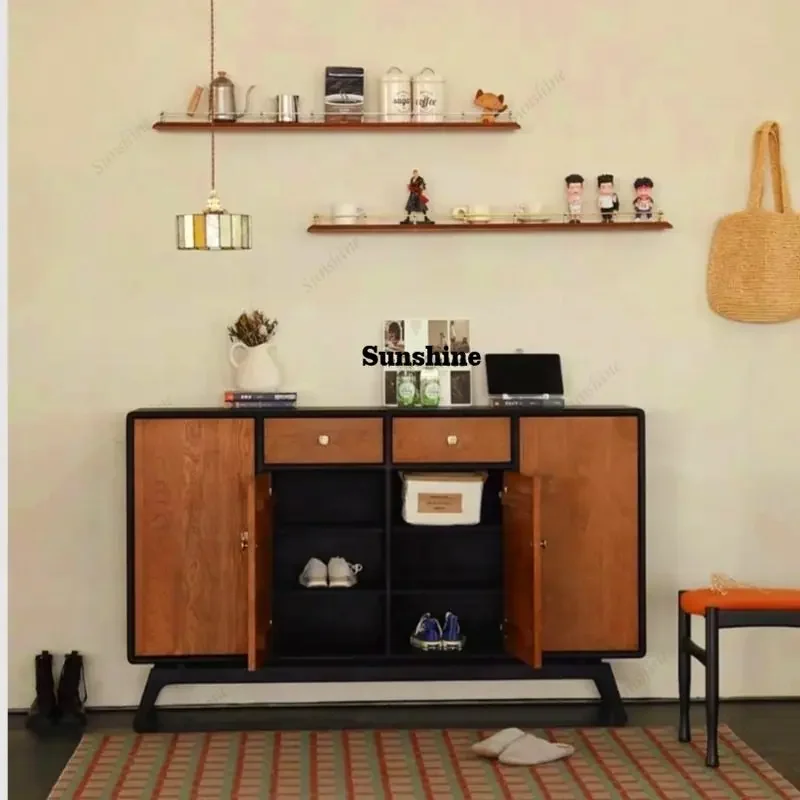 French retro pure solid wood shoe cabinet black entry door with outer door drawer cabinet  FT