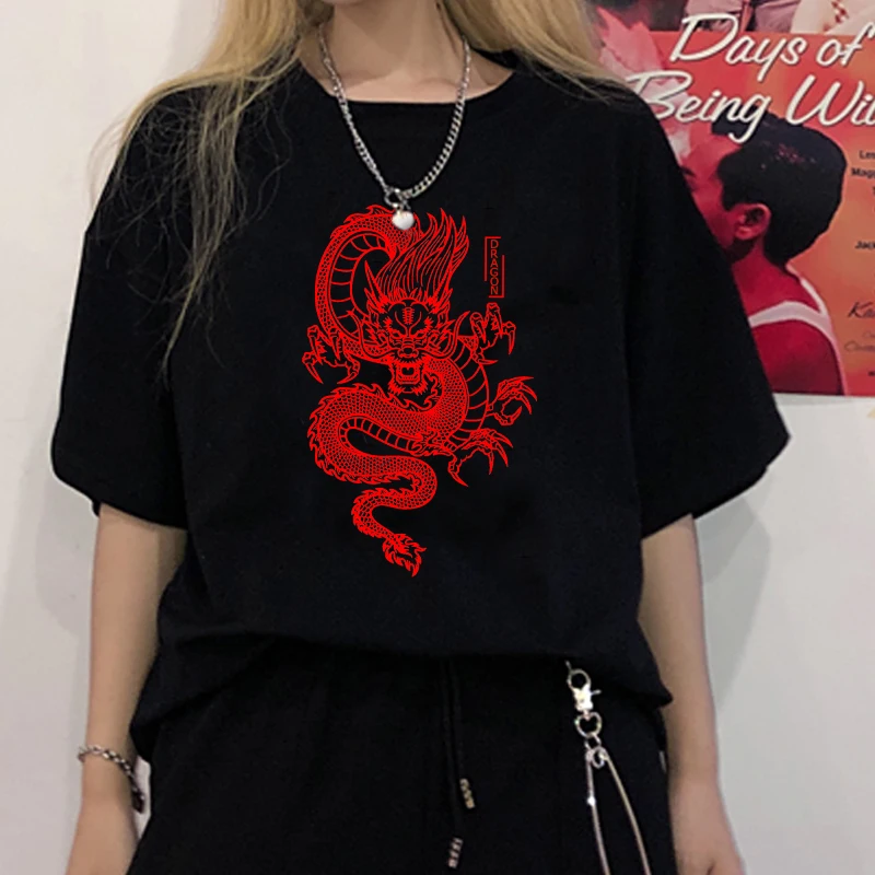 T-shirt imprimé dragon chinois violet rétro pour femmes, streetwear Harajuku, vêtements décontractés d'été, mode, nouveau