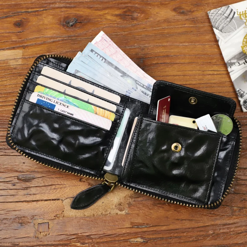 Men Genuine Leather Card Wallet Real Leather Snap Short Purse Women Coin Pocket Zipper Around Small Trifold Pocket