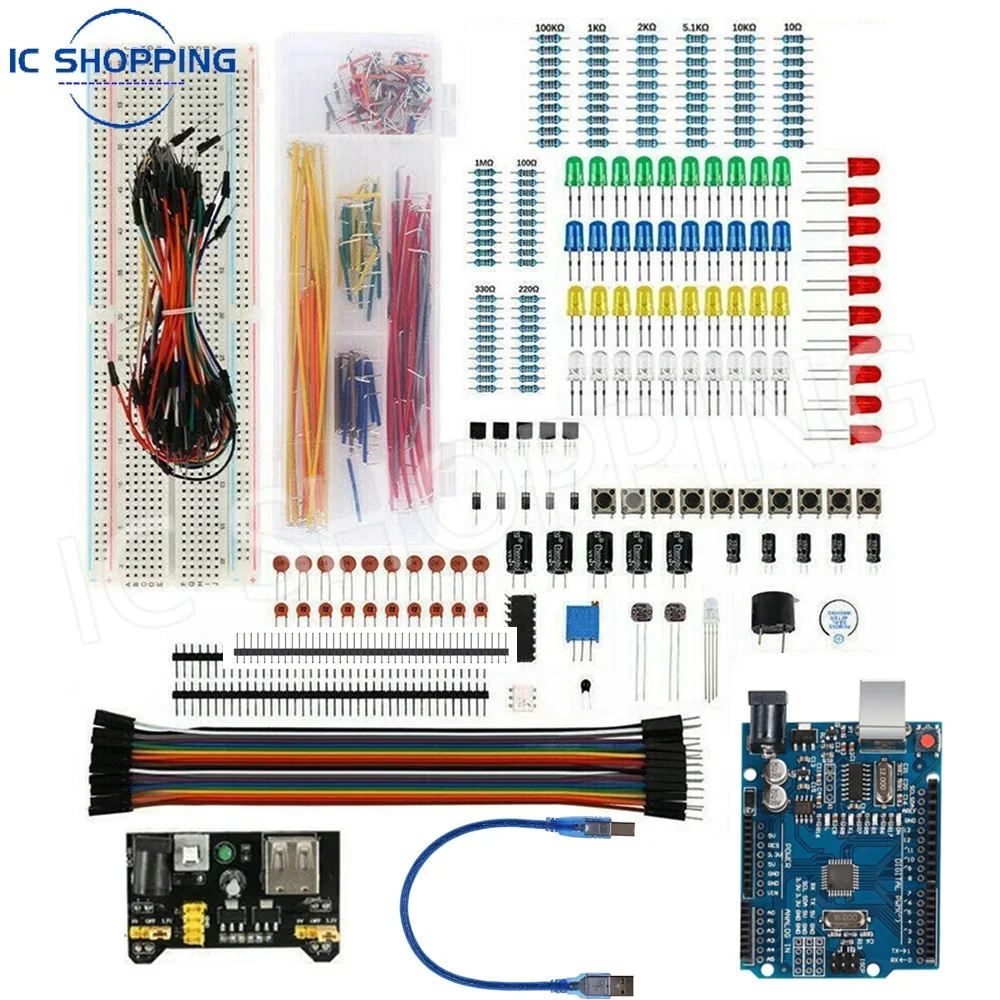 830 szt. Zestaw startowy elektroniki DIY — dla Arduino UNO R3, zawiera płytę prototypową, punkty wiązania i komponenty elektroniczne