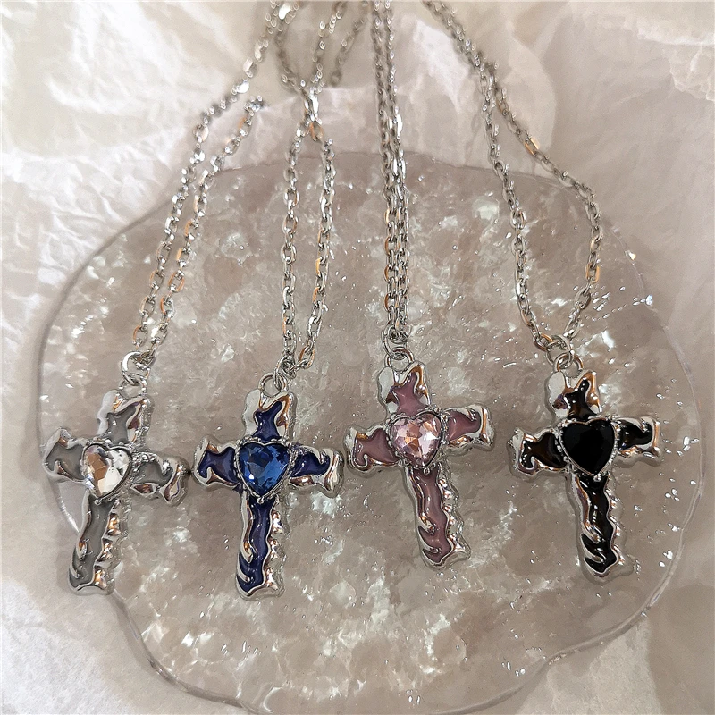 Trendy Vintage Punk Black Pink Blue Transparent Cross Pendant Chain Necklace For Women Men Y2k Cool Neck Jewelry EMO Accessorie