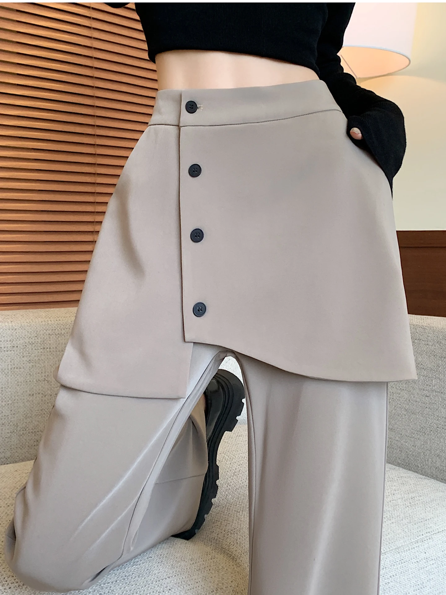 

Khaki Wide Leg Pants Women's Casual Loose Straight Cut Trousers Spring Autumn New Sle Two Piece Suit Look Polyester Fiber