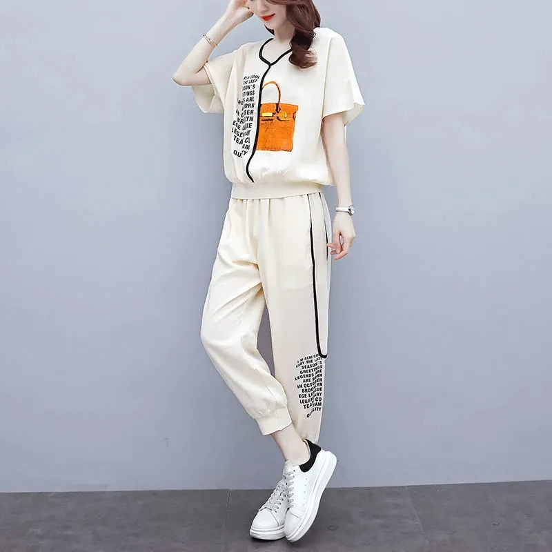 Women Sport Suit New Female Summer Short Sleeve And Pants Two Piece Set Women\'s Sportswear Female Pants Outfit Large Size 4XL