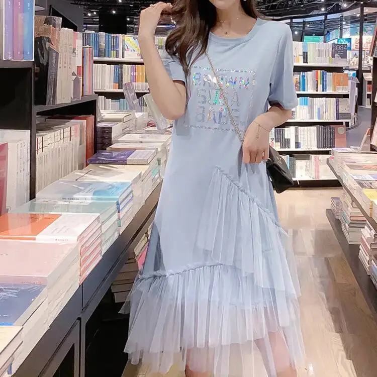 Reflective Letter Print Irregular Shirt Dress Women Layer Ruffles Mesh Long Dresses Summer Loose Casual High Street Sundress 3XL