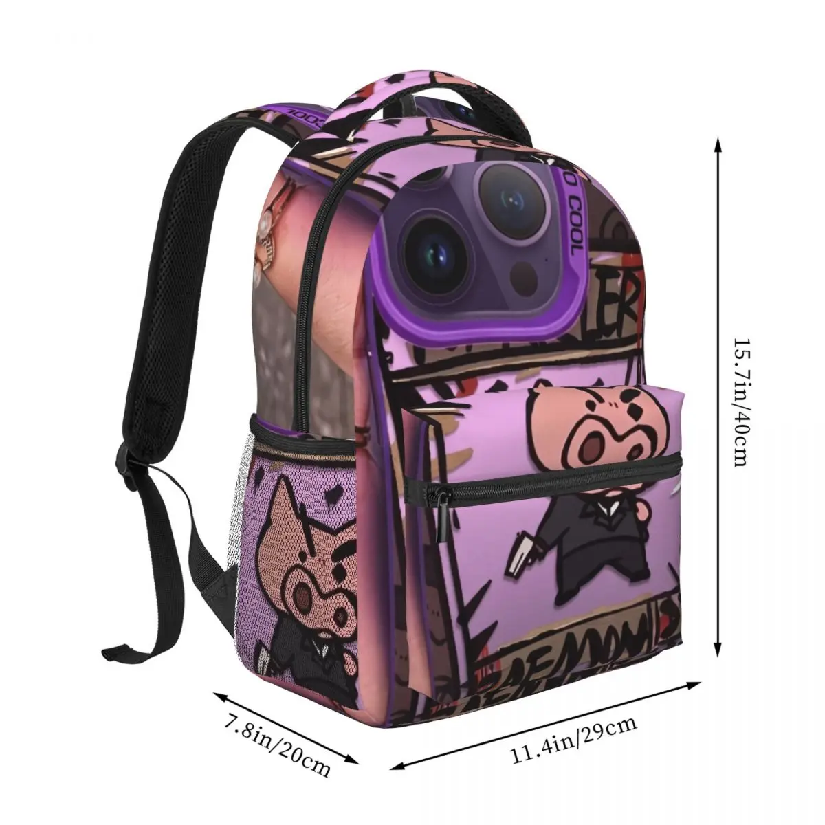 Lilac Cute Student Backpack Center Pig Suit Whimsical Illustration Deep Purple Pink Black White Daypack for School Daily Holiday