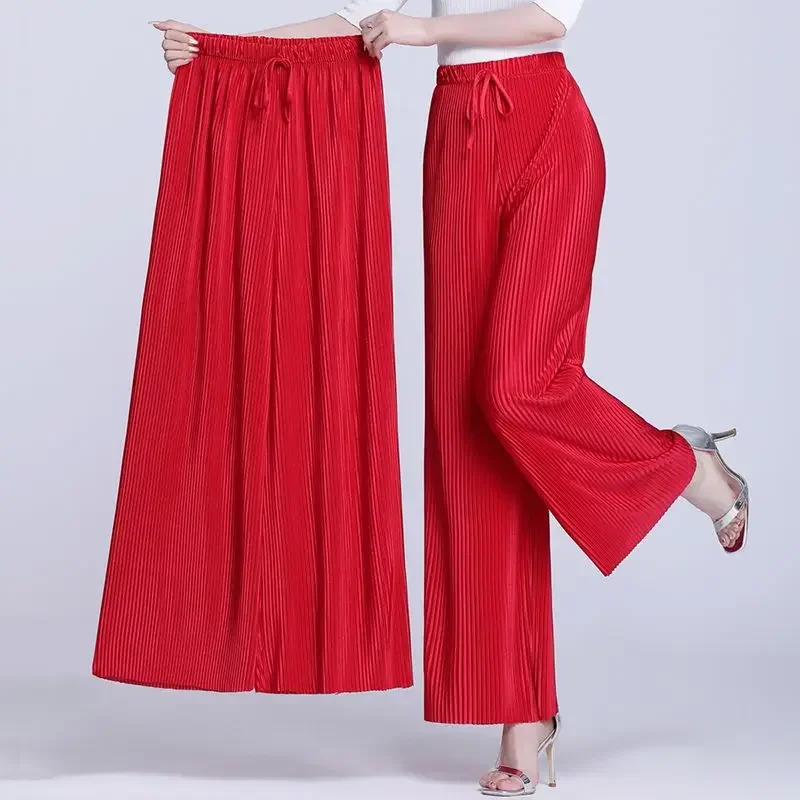 Moda plissada calças de perna larga para mulheres primavera e verão harajuku casual rendas até cintura alta elástica perna reta pants2015