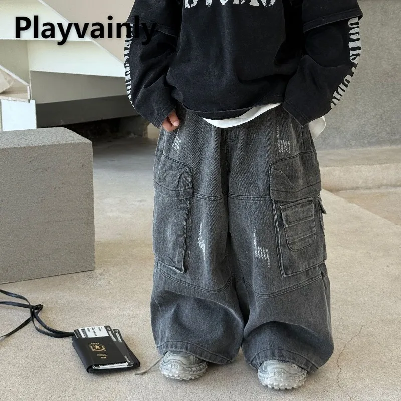 

Джинсовые брюки-карго в корейском стиле для мальчиков, весенне-осенние детские серые широкие джинсы с большими карманами, детские повседневные универсальные брюки Z5064